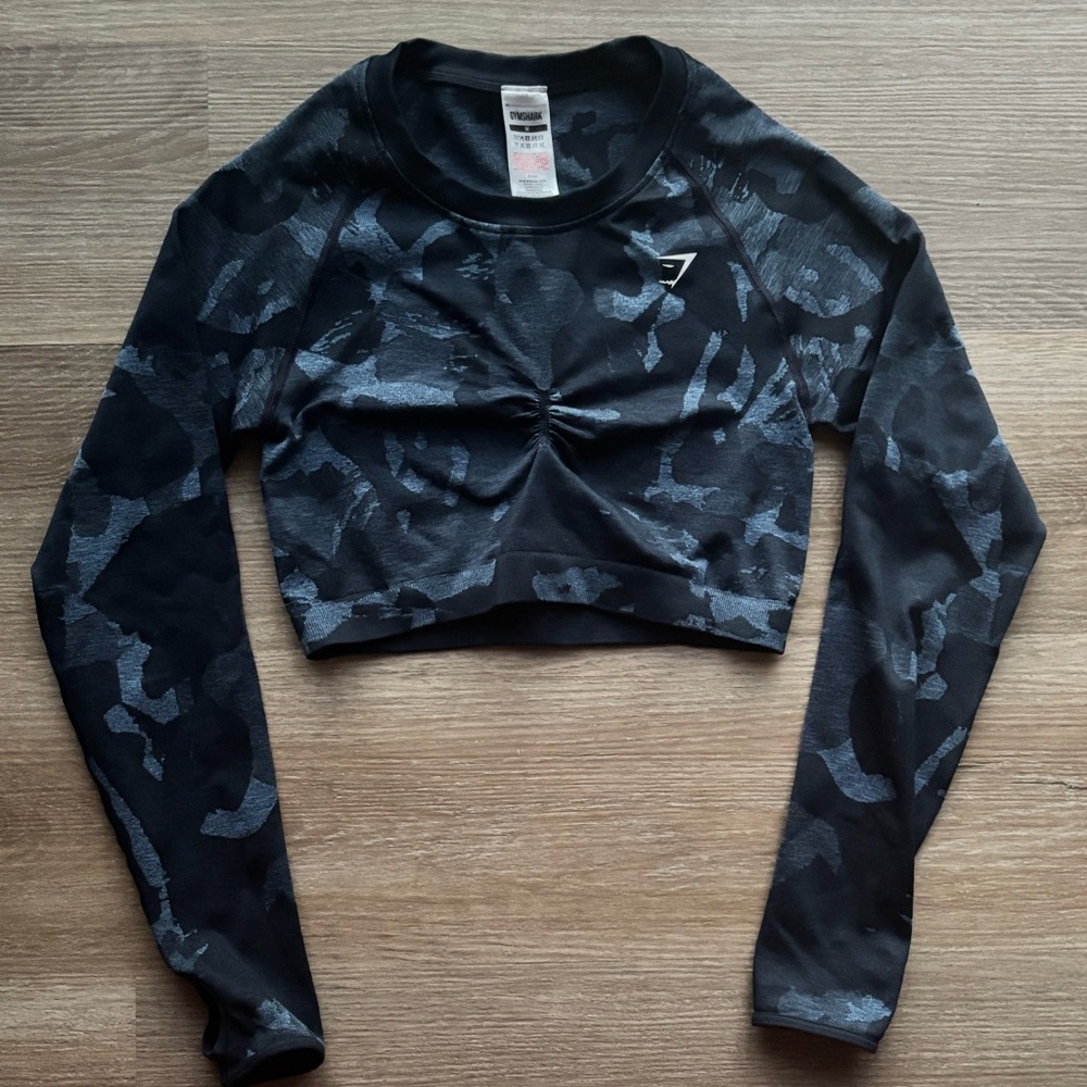 Gymshark Navy Camouflage Long Sleeve Crop Top